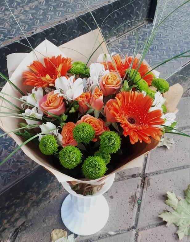 Букет цветов из: Герберы, Хризантемы, Альстромерии и Розы в Шербакуле