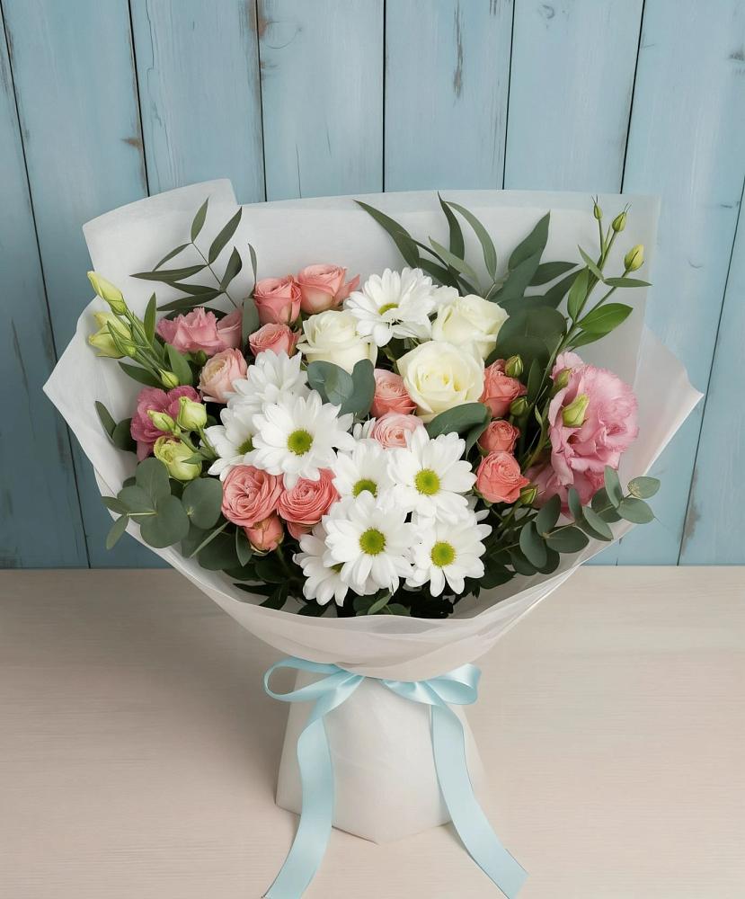 Букет цветов из: Розы, Лизиантусы и Хризантемы в Шербакуле