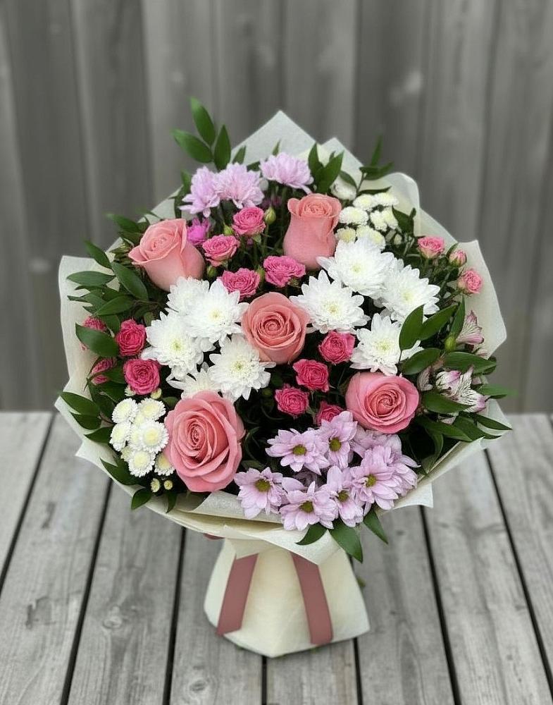 Букет цветов из: Альстромерии, Гвоздики, Розы и Хризантемы в Шербакуле