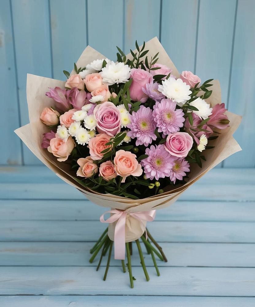 Букет цветов из: Хризантемы, Розы и Альстромерии в Шербакуле