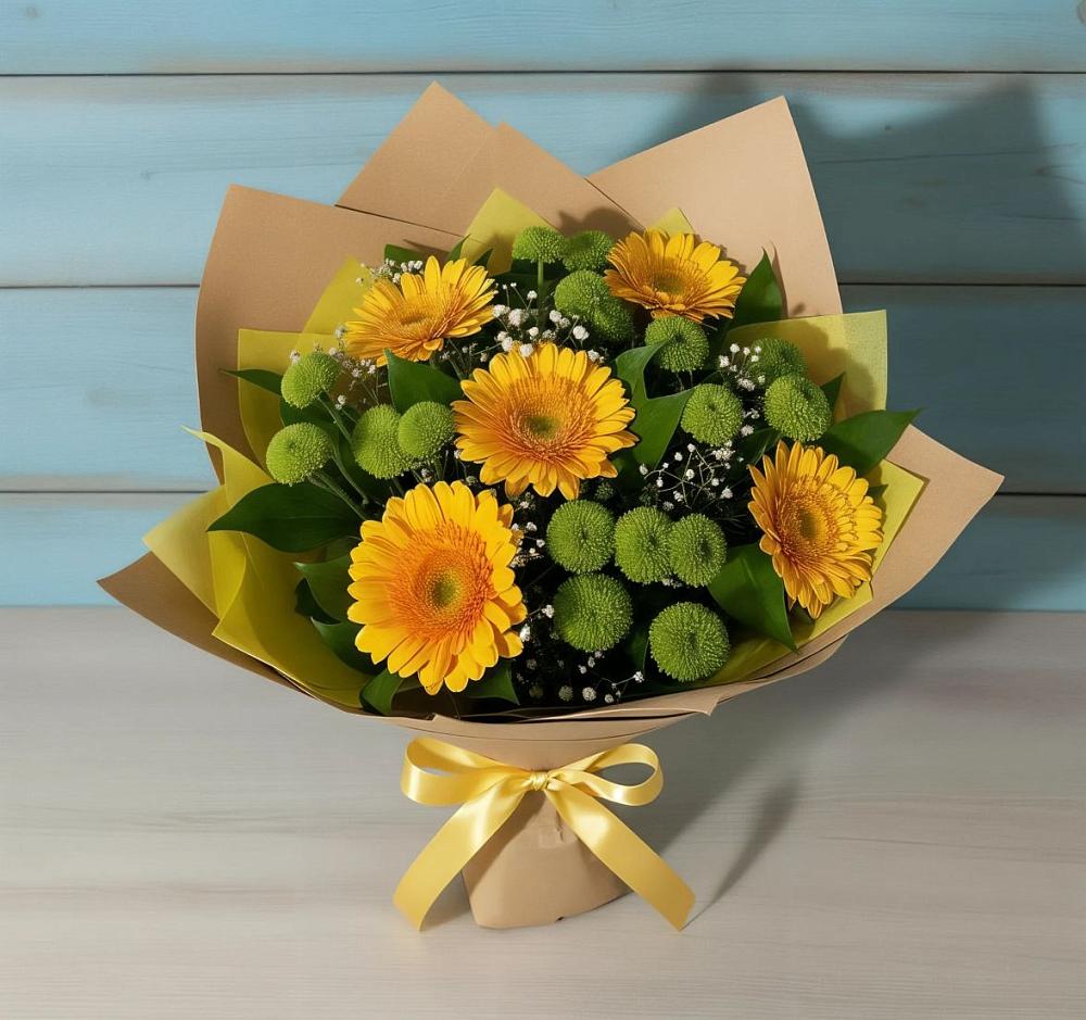 Букет цветов из: Герберы и Хризантемы в Шербакуле