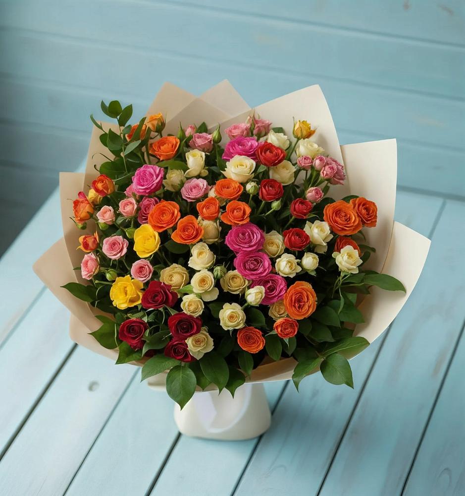 Букет Микс из разноцветных кустовых роз в Шербакуле