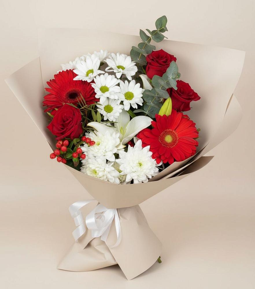 Букет цветов из: Розы, Хризантемы, Герберы и Лилии в Шербакуле