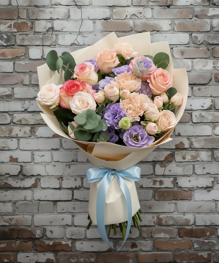 Букет цветов из: Розы, Лизиантусы и Гвоздики в Шербакуле