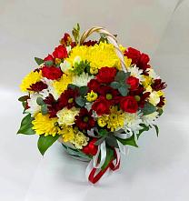 Цветочная композиция из Хризантемы и Розы в корзине в Шербакуле