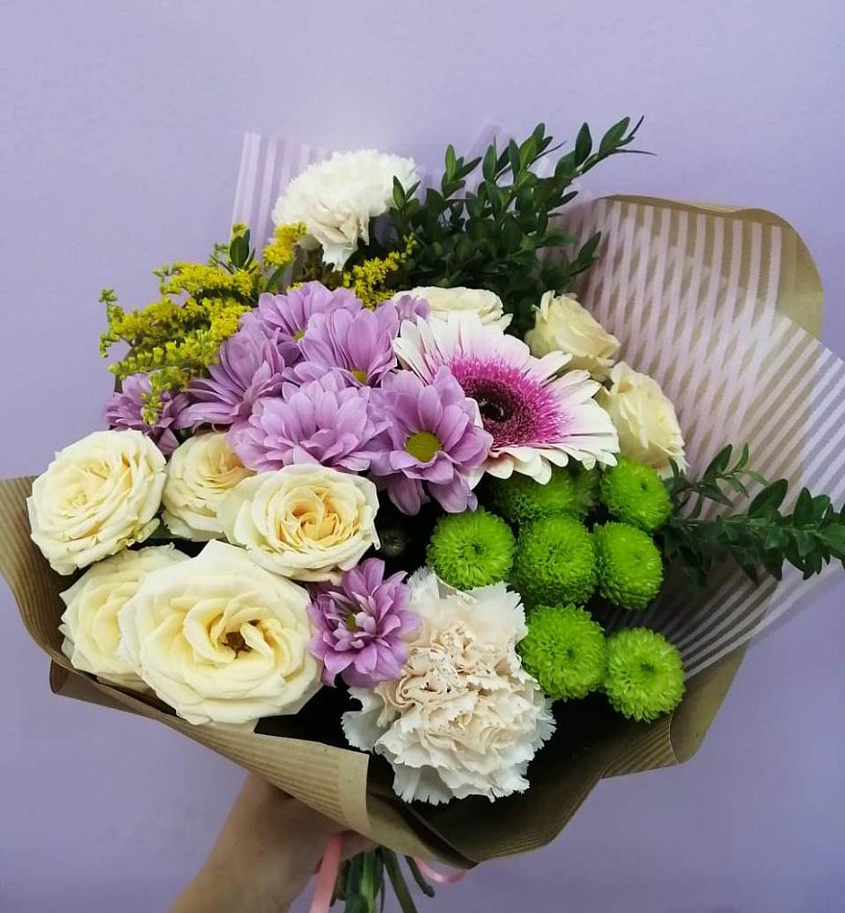 Букет цветов из: Хризантемы, Розы, Гвоздики и Герберы в Шербакуле