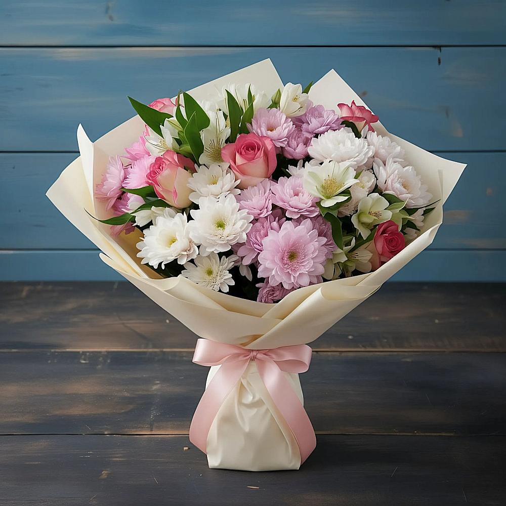 Букет цветов из: Хризантемы, Альстромерии и Розы в Шербакуле